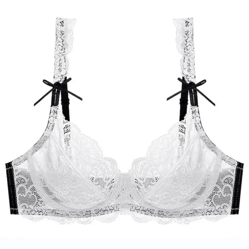 White lace push-up bra with sheer mesh and black ribbon bows on straps Simples Market