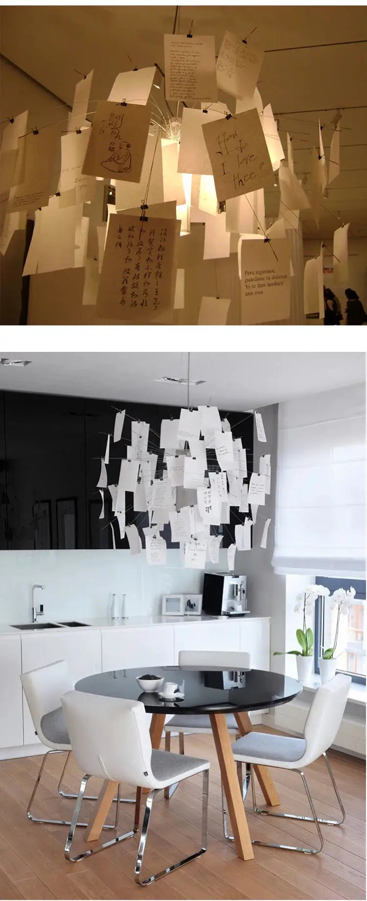 Ingo Maurer paper chandelier replica by Simples Market; white hanging paper cards over a dining room table