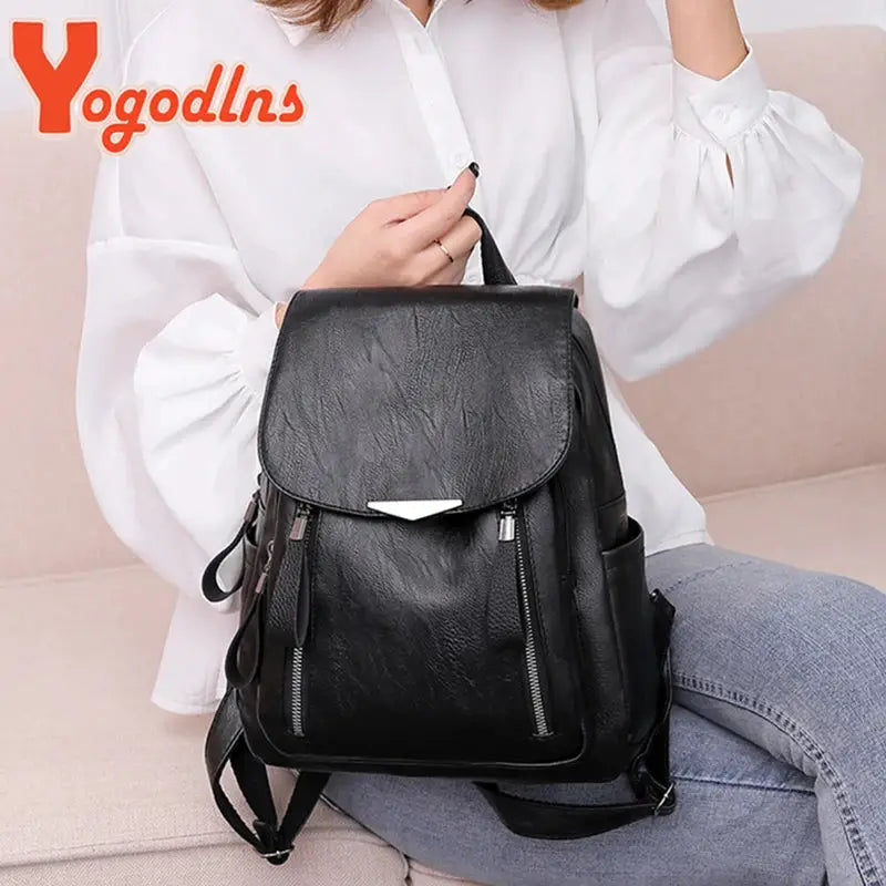 Yogodlns PU leather backpack for women, black with double zippers