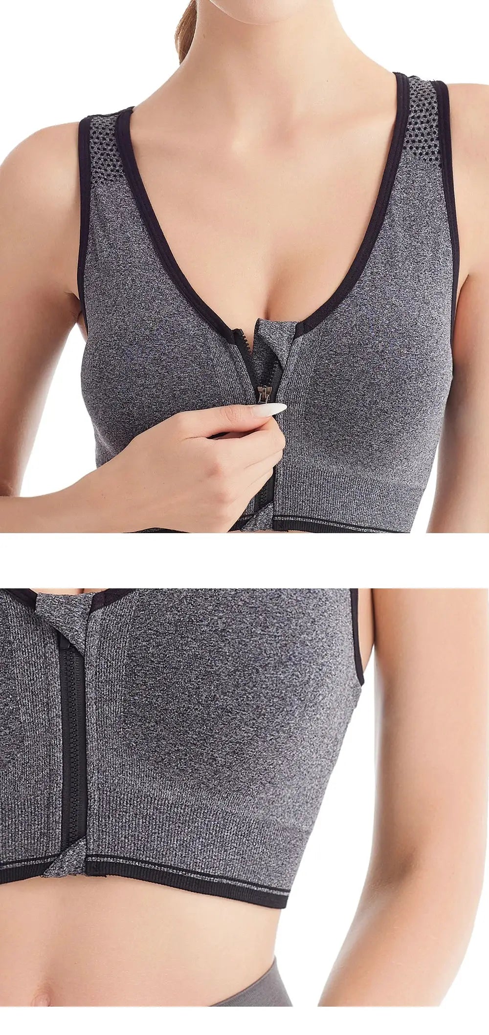 Women's front-zip seamless sports bra in metallic heather gray with black trim and front zipper closure.