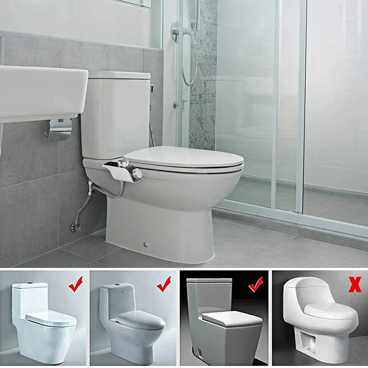Simples Market bidet seat attachment on white toilet; non-electric, self-cleaning dual nozzles.