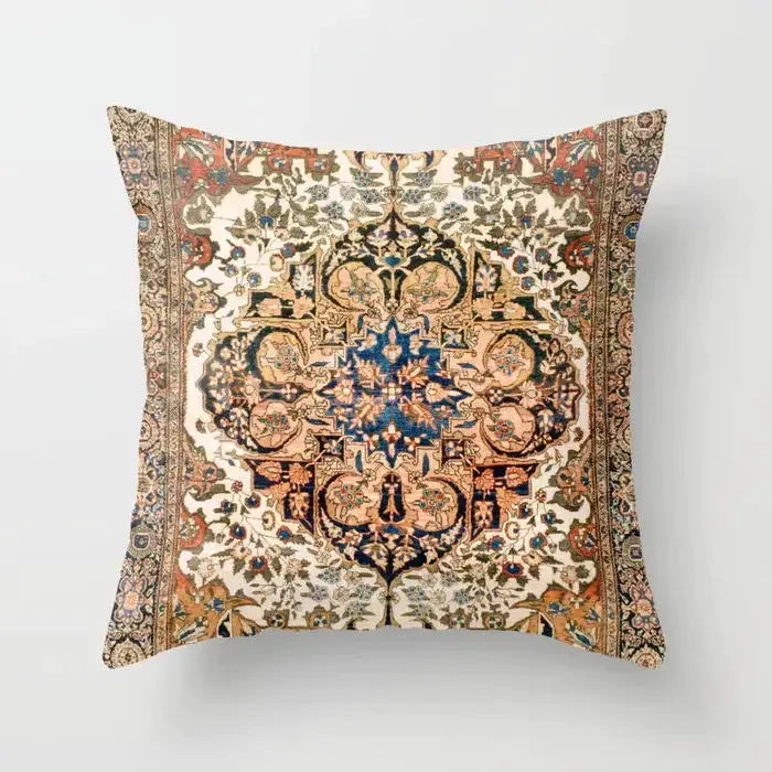 Nordic pillow cover with Moroccan boho pattern, cream, blue and brown ornate medallion design.