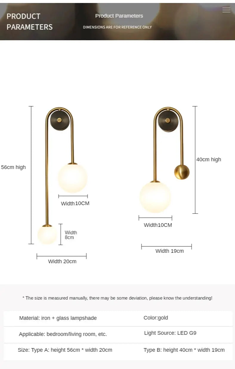 Simples Market modern wall lamp set of 2 with gold finish and glass globe shades LED lighting