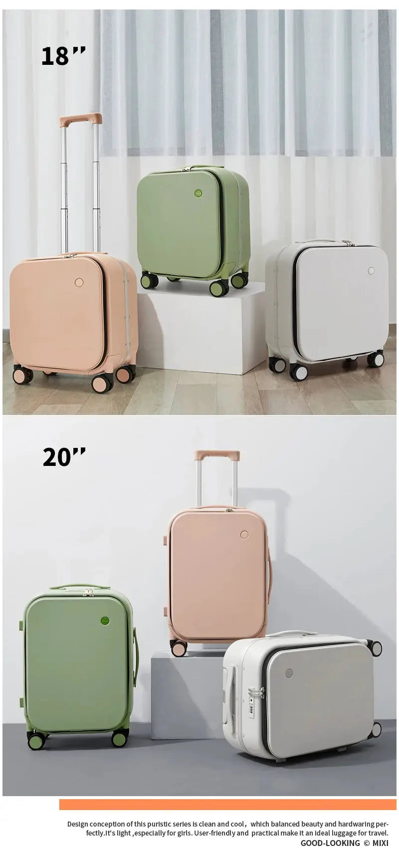 Simples Market Mixi aluminum-frame carry-on luggage set, 3-piece in peach, green and gray with wheels.
