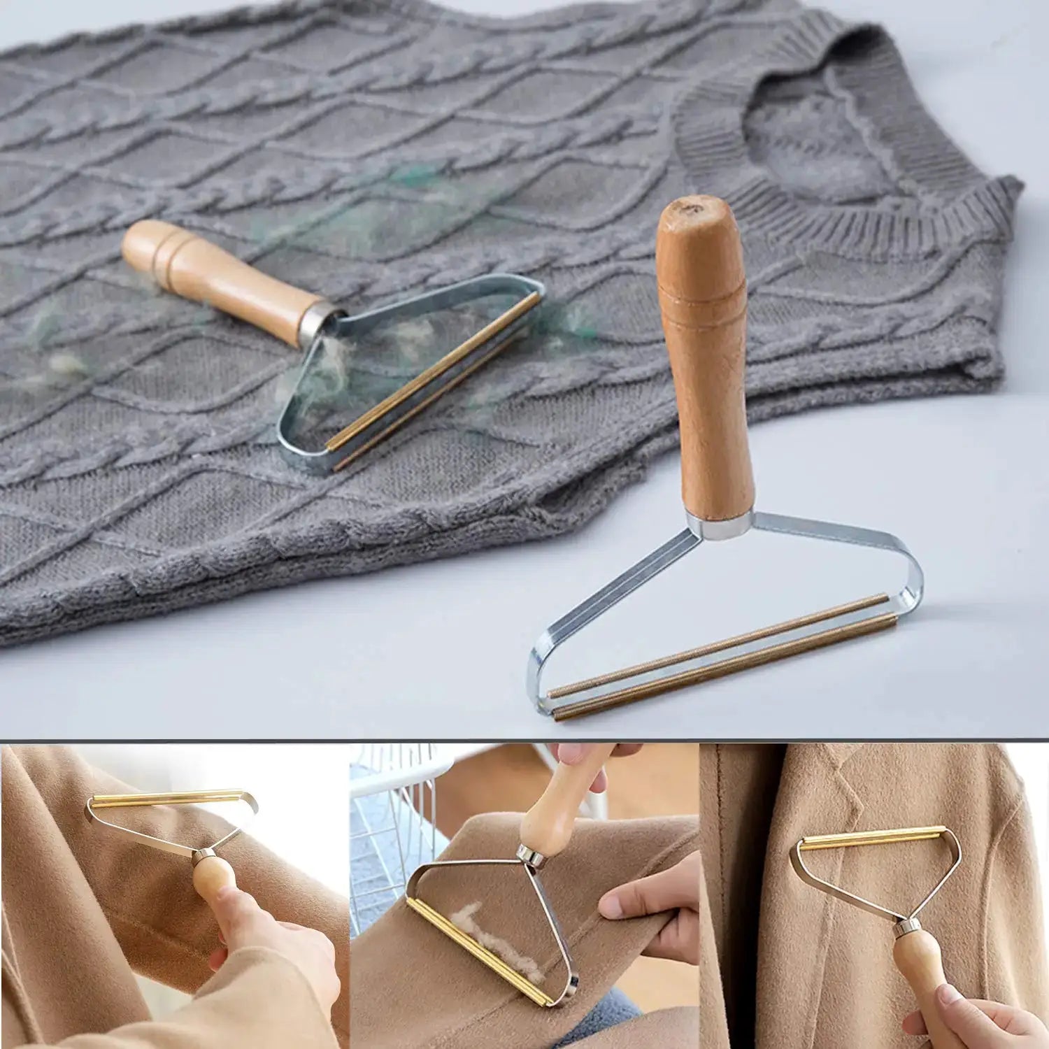 Portable lint remover with wooden handle and metal frame for clothes, coats, and pet hair.