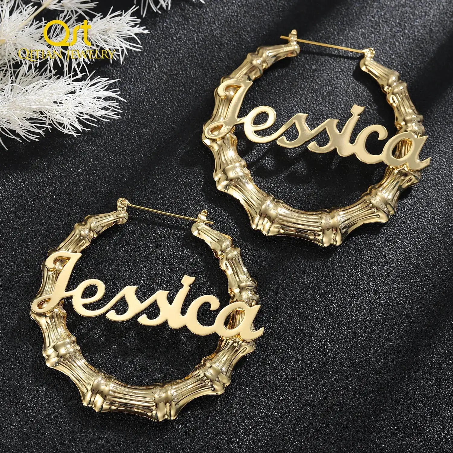 Custom bamboo hoop earrings, 30-100mm, gold-tone with scripted name pendant, bold statement by Simples Market
