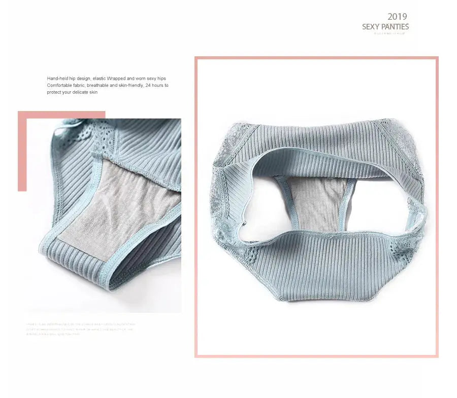 FINETOO 3-piece set: women's cotton panties, low-rise patchwork lace briefs in light blue, Simples Market