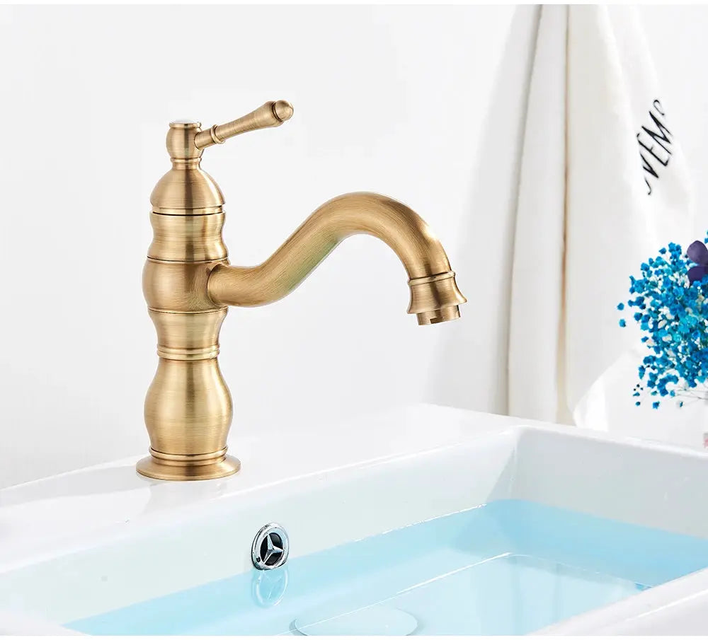 Antique brass basin vessel sink faucet, deck-mounted single-hole hot and cold mixer by Simples Market