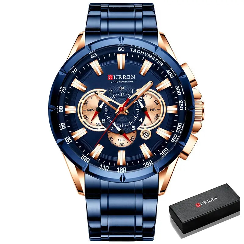 Relógio masculino Curren cronógrafo com pulseira de aço inox azul e acabamento dourado, acompanhado de caixa