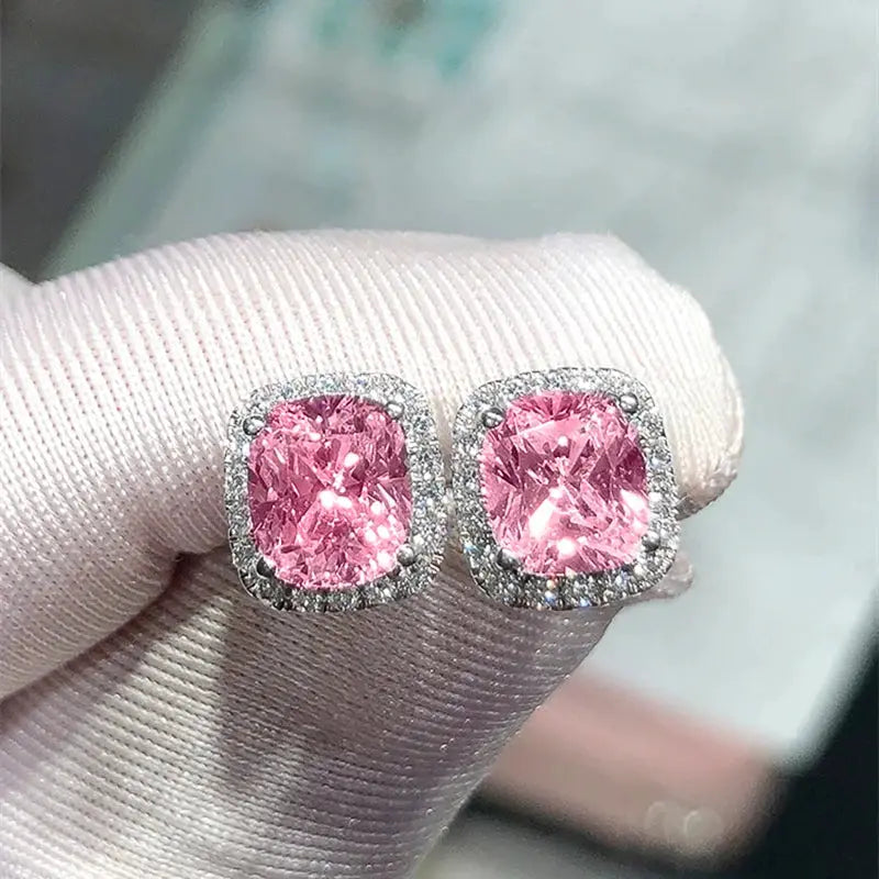 Huitan cushion-shape pink cubic zirconia stud earrings with a diamond halo in a silver-tone setting (pair)