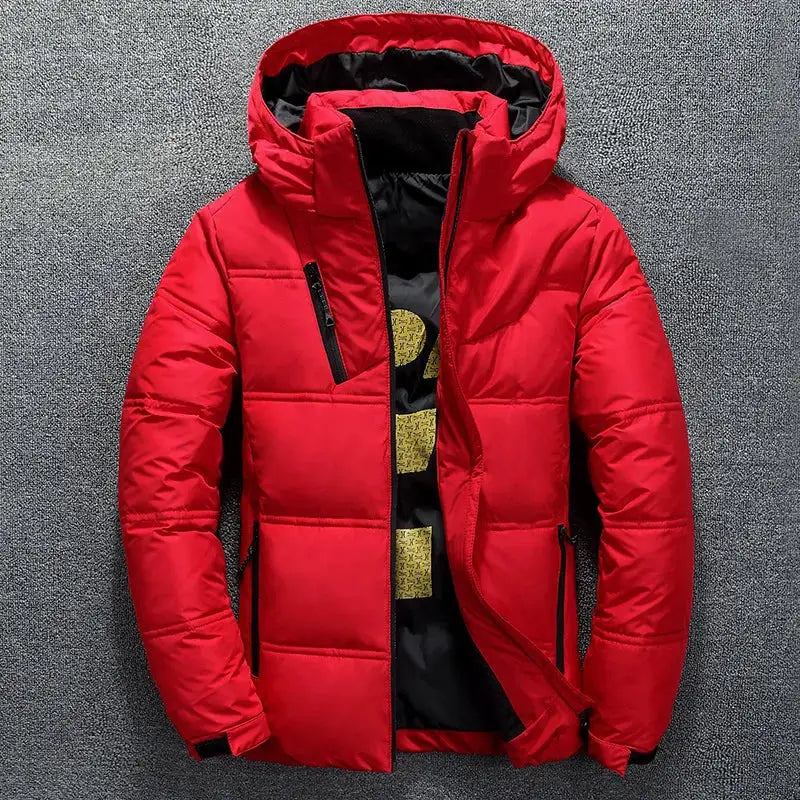 Men's red hooded down jacket with quilted panels and zip pockets