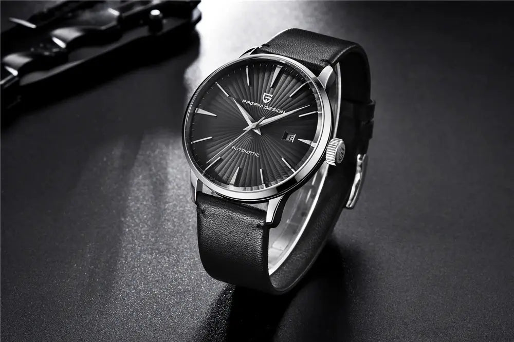 Pagani Design men's automatic wristwatch with black sunburst dial, stainless steel case and black leather strap