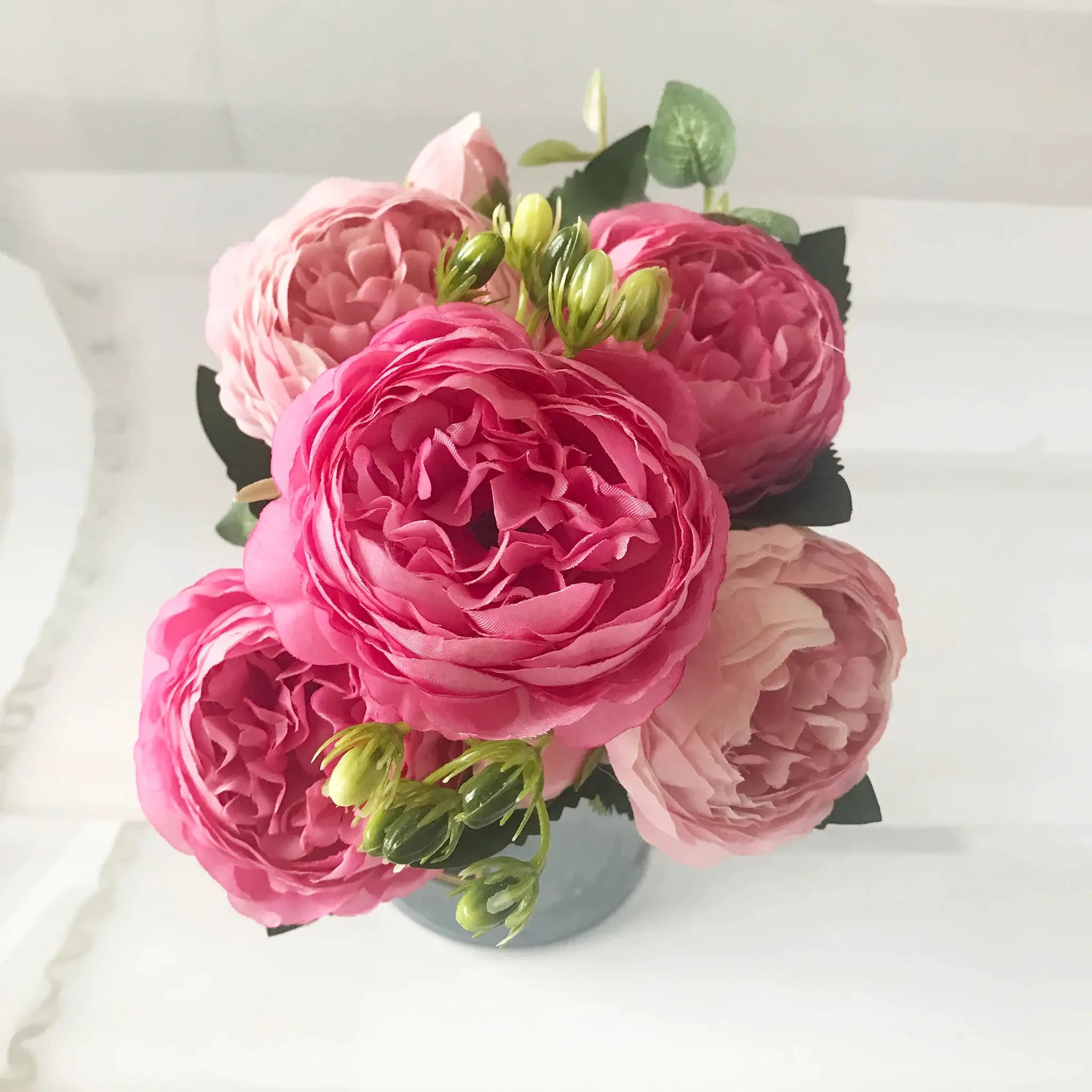 30cm rose-pink silk peony bouquet; artificial flowers with 5 large heads and 4 buds