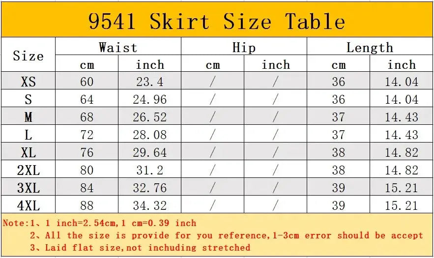 Harajuku Punk Gothic Black High Waist Skirt size table with waist and length measurements across XS-4XL