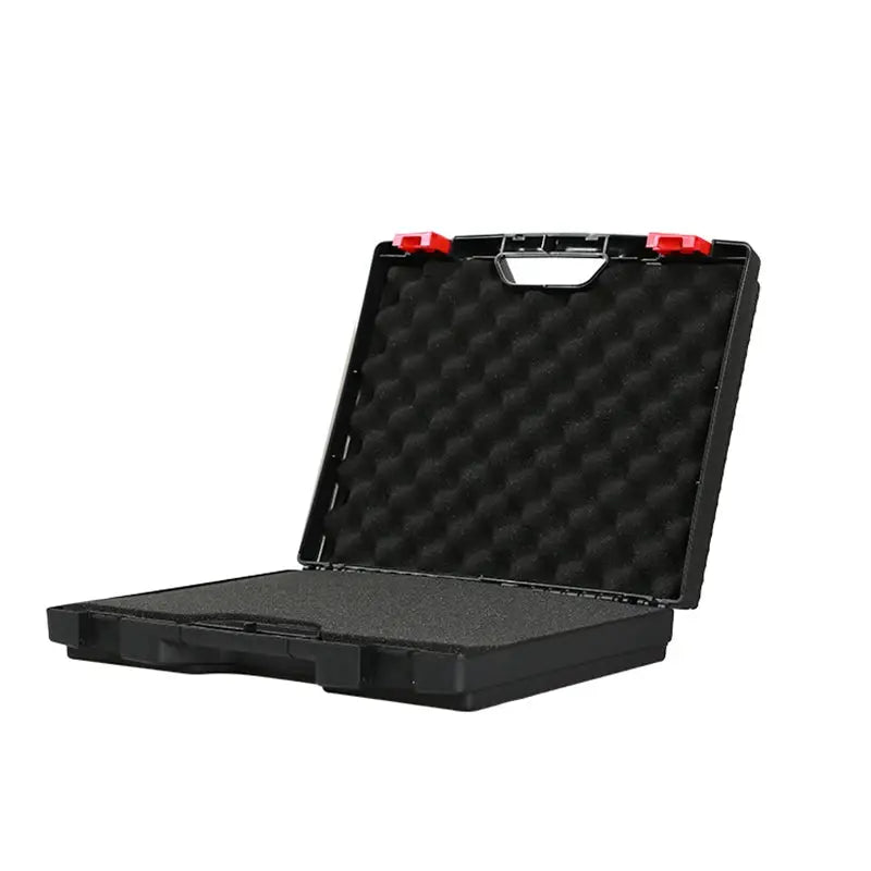 Tool case in black plastic with red latches and foam padding, open to show protective storage box