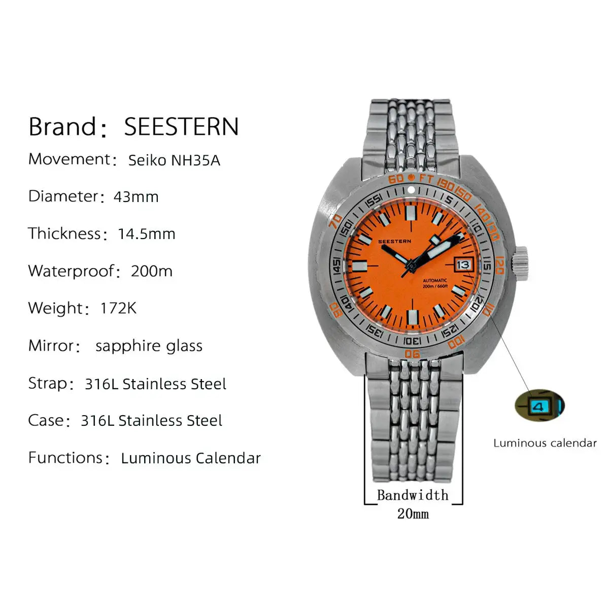 Seestern diver watch for men, orange dial, stainless steel bracelet, 200m water resistant, luminous date