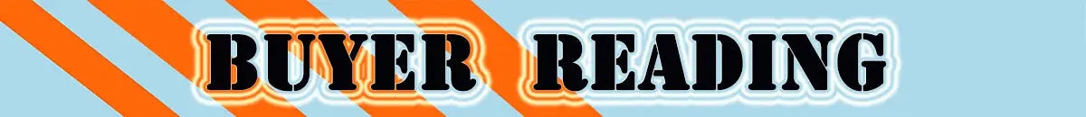 Banner graphic with light blue background and orange diagonal stripes reading BUYER READING