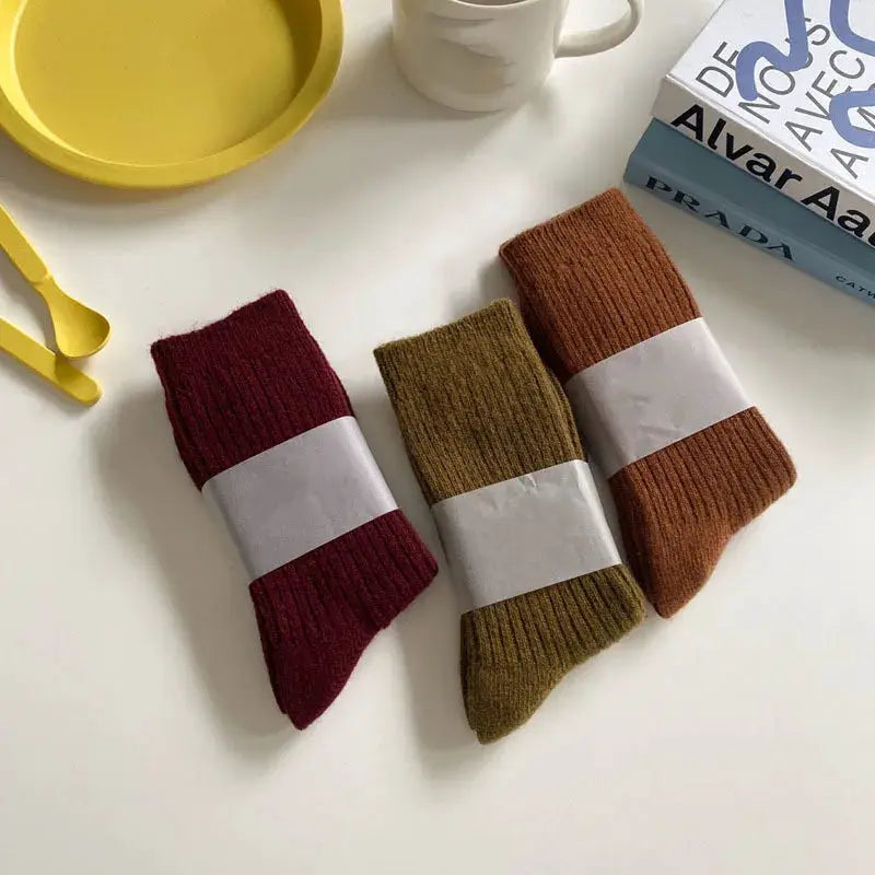 CHAOZHU Thick Warm Merino Wool Rib Socks For Women Solid Colors Loose Fit Japanese Korea Fashion Winter