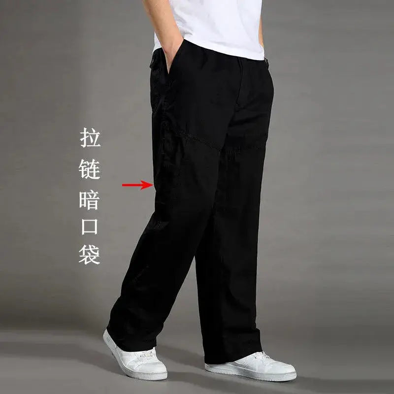 Men's cargo pants by Simples Market, black cotton workwear joggers with zippered pockets, size 6XL.