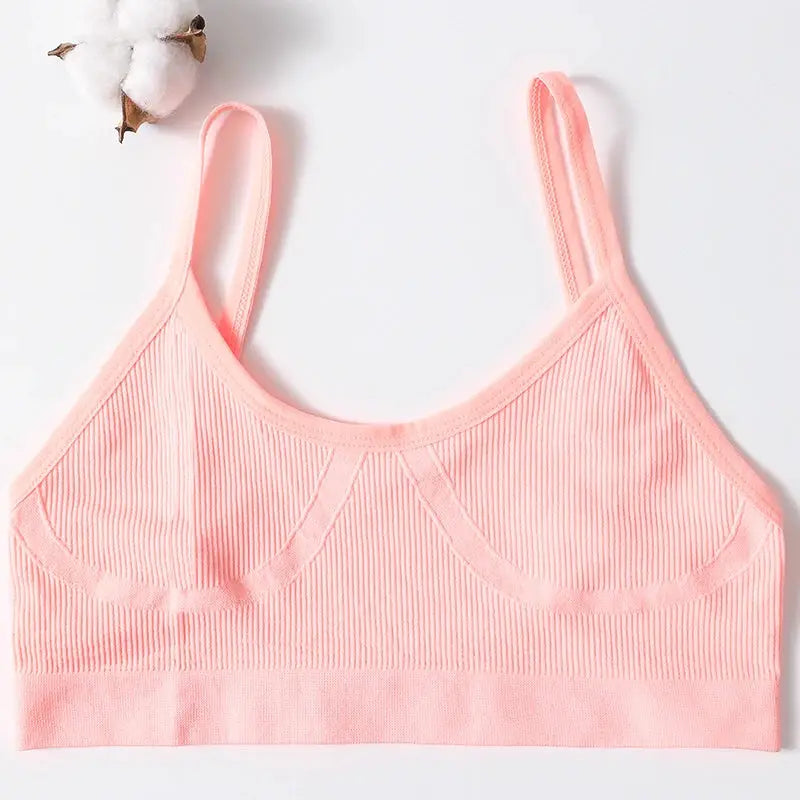 Seamless ribbed pink bralette, wireless with no pads for daily wear.