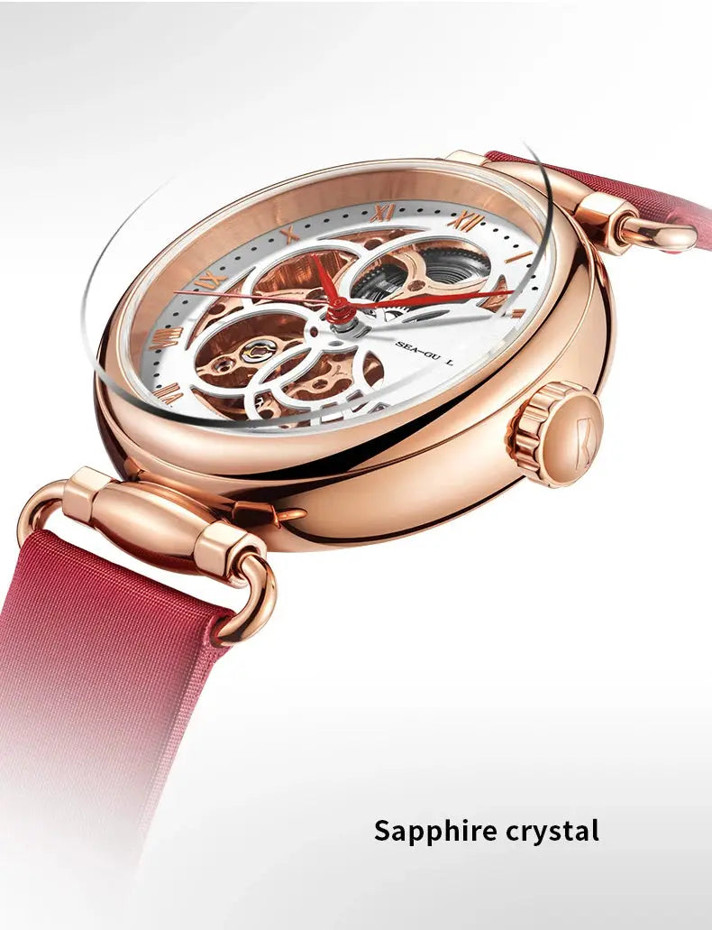 Seagull women's skeleton automatic watch with rose-gold-tone case, pink leather strap, sapphire crystal