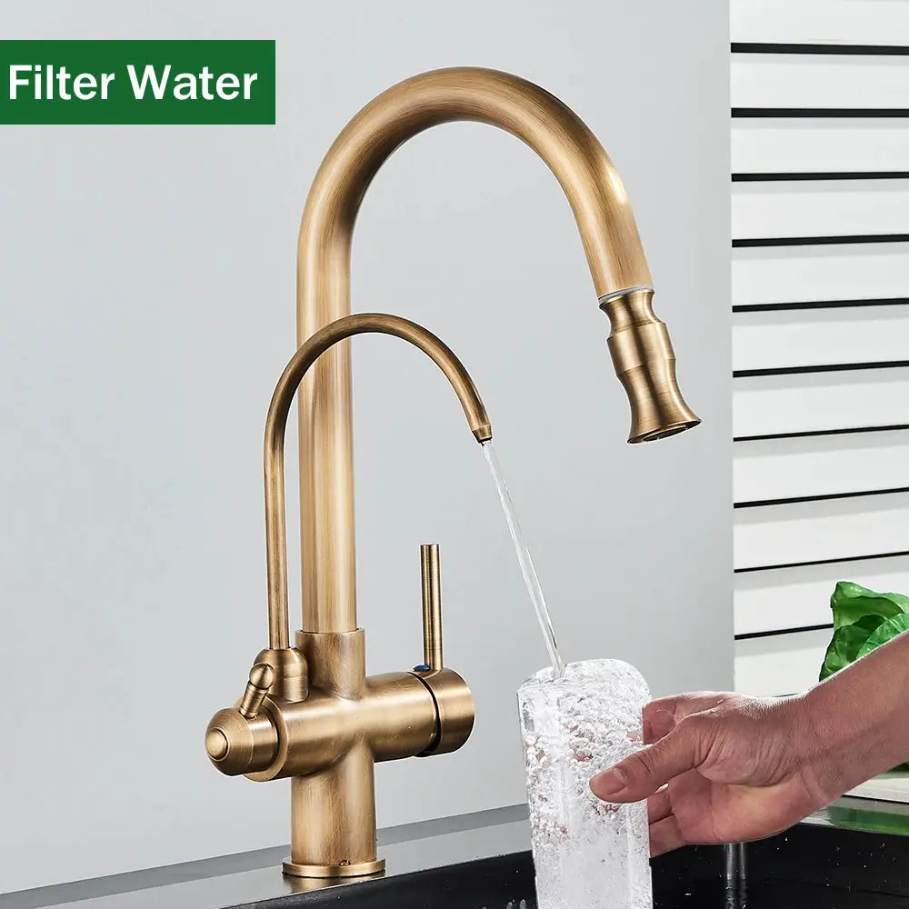 Rozin 2-in-1 antique brass kitchen faucet with pull-out spray and water filter, Simples Market