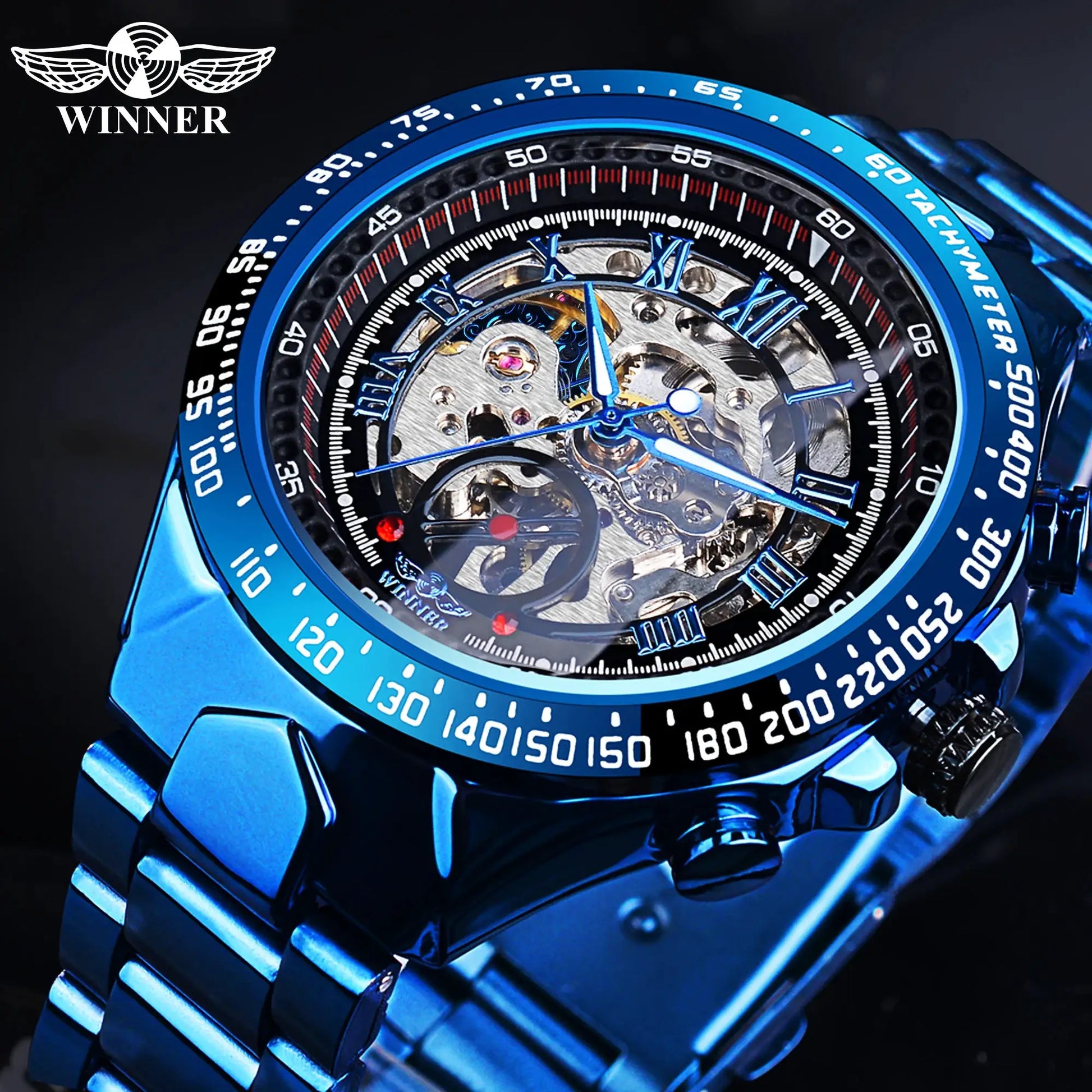 Winner automatic skeleton men's watch with blue bezel and steel bracelet.