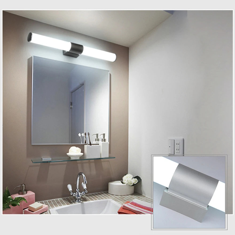 Bathroom LED wall light, silver metal tube, 110-220V, waterproof, modern design