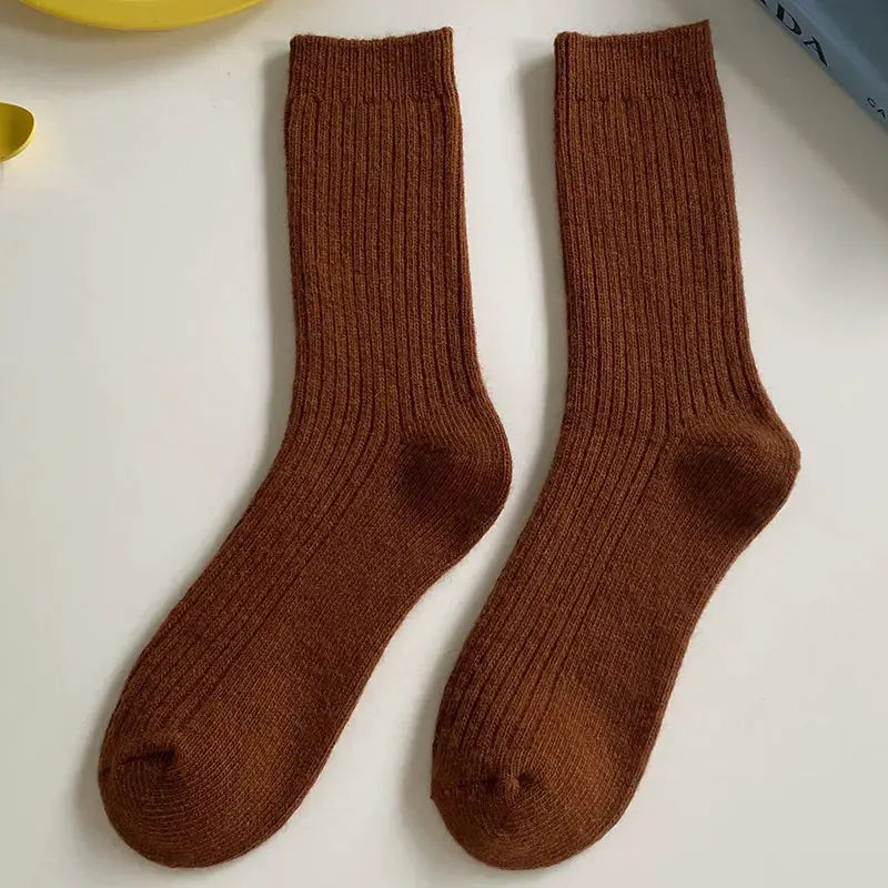 CHAOZHU Thick Warm Merino Wool Rib Socks For Women Solid Colors Loose Fit Japanese Korea Fashion Winter