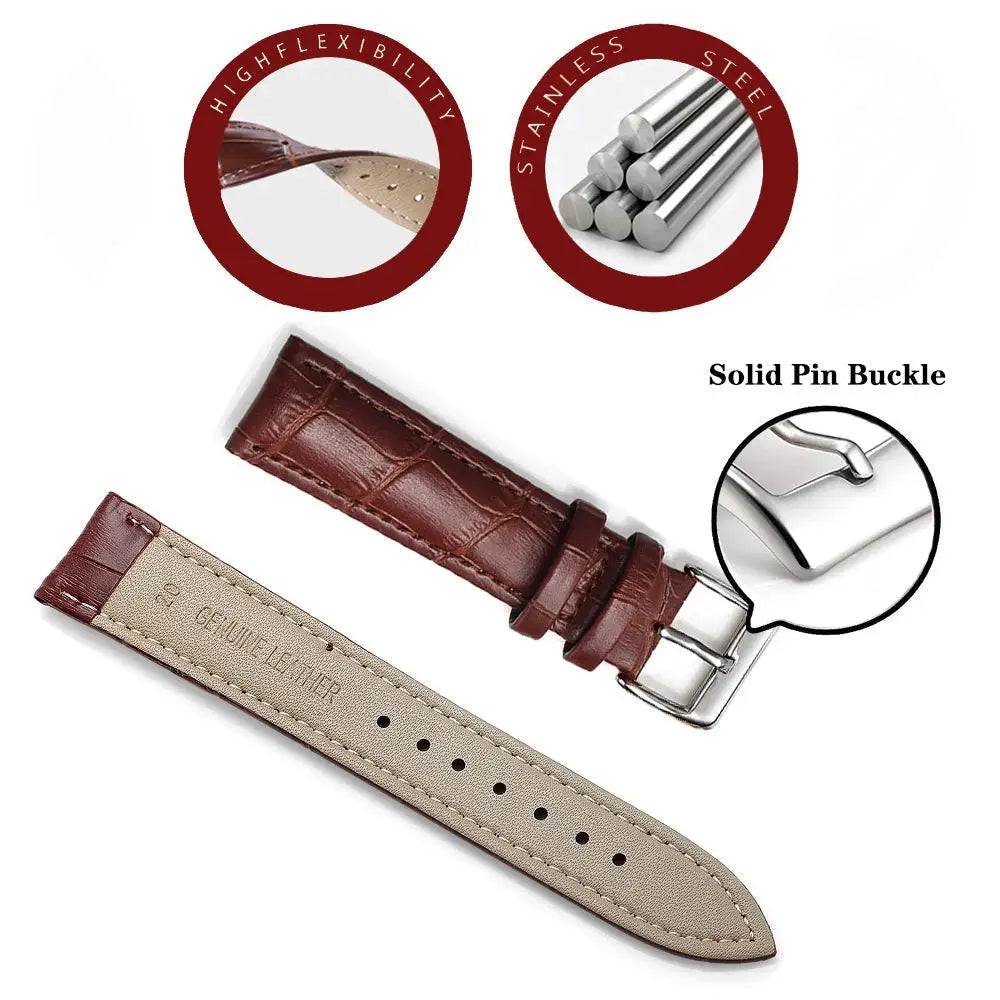 Brown genuine leather watch band, two-piece strap for 12–24 mm watches with a stainless steel solid pin buckle