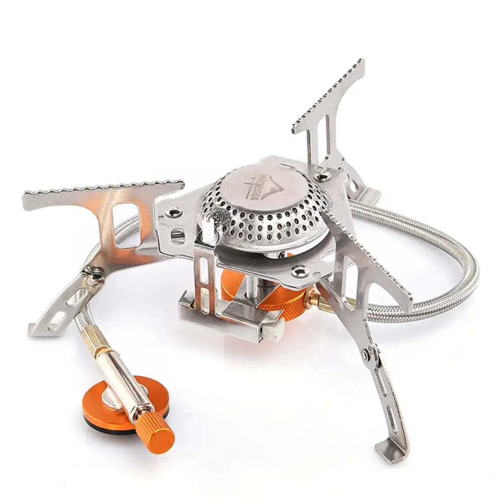 Simples Market camping gas stove; compact stainless steel burner with orange control knob and braided hose