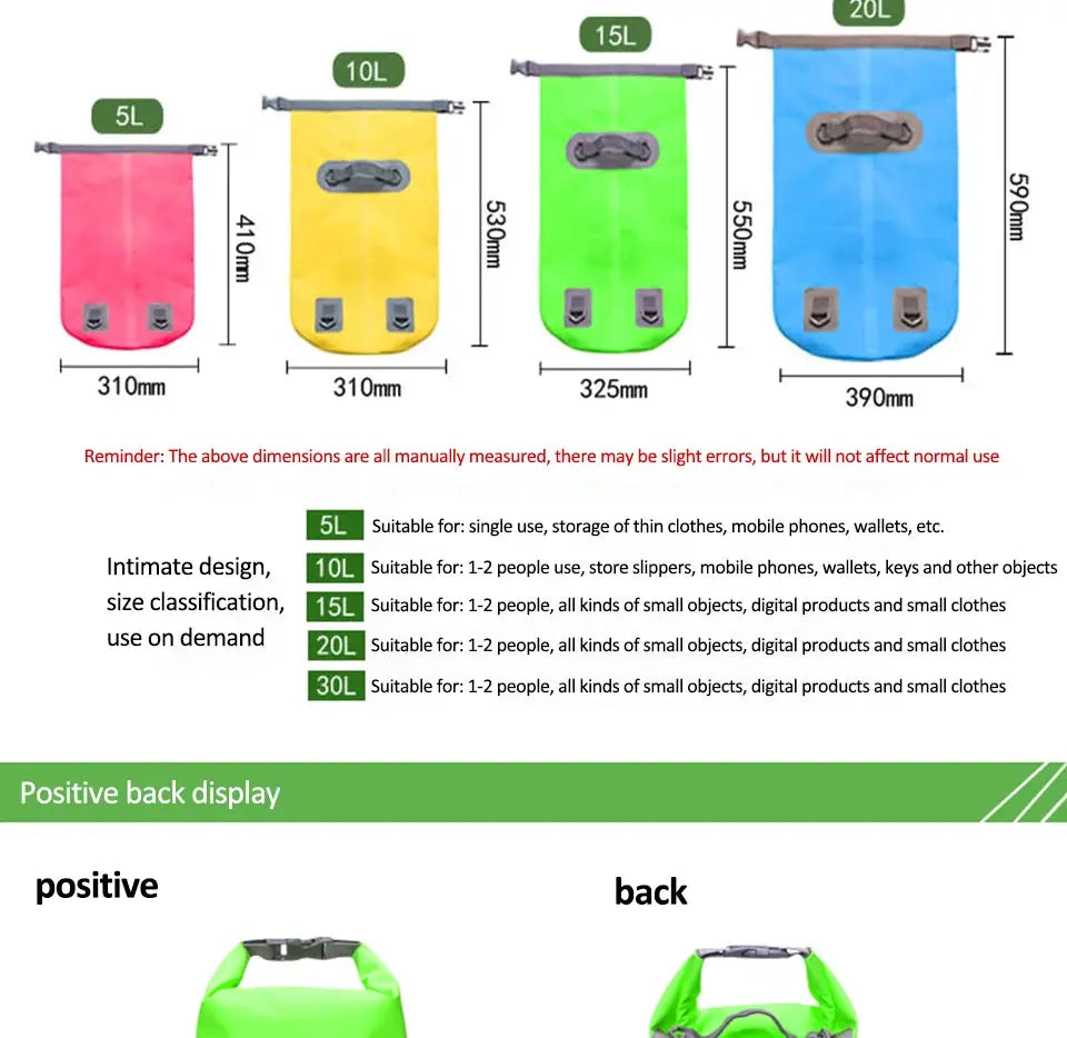 Simples Market PVC waterproof dry bag set, 5–30L, pink/yellow/green/blue, double-shoulder straps (5 pcs)
