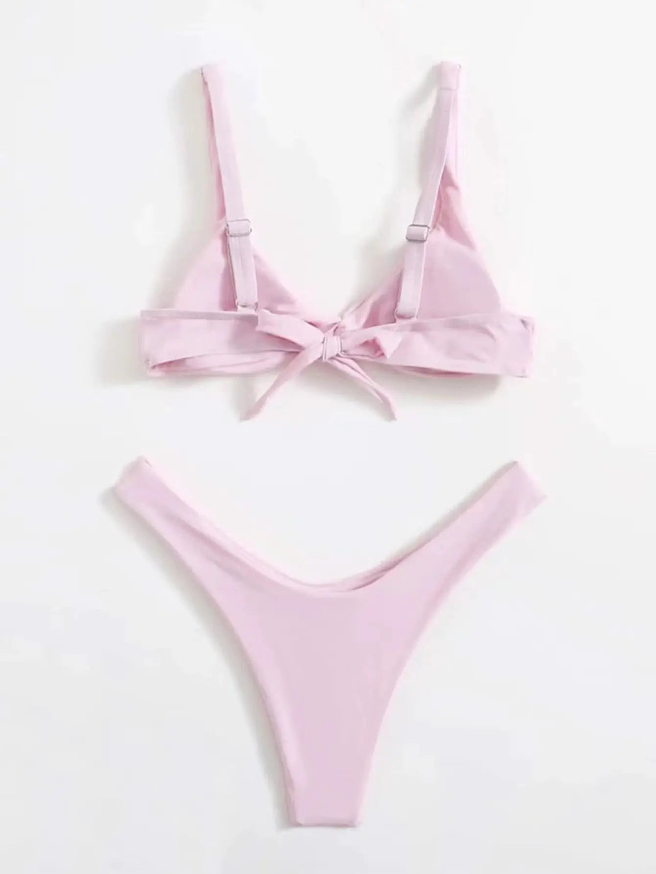 Pink solid bikini set with padded top, adjustable tie-back straps, and high-leg bottom.