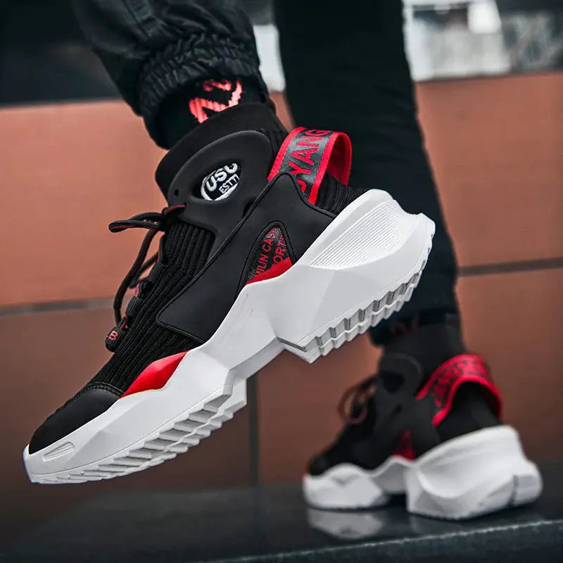 Men's sneakers by Simples Market, black and red high-top athletic shoes with a chunky white outsole