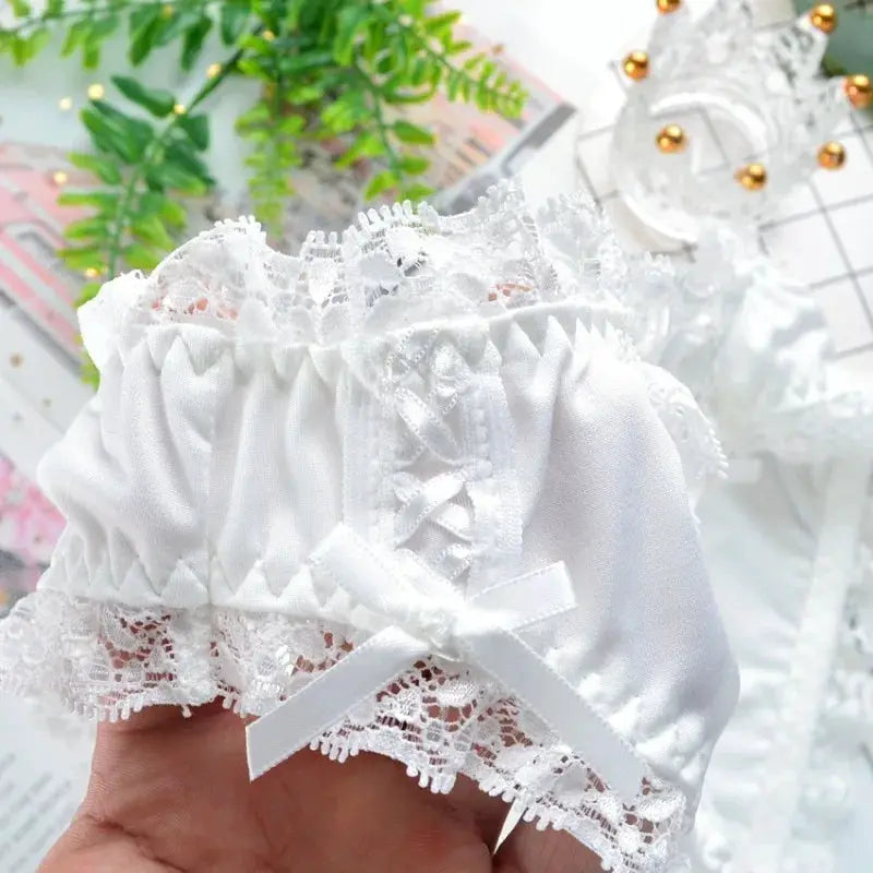 Panties white satin lace with bow and ruffle trim; low-rise lingerie