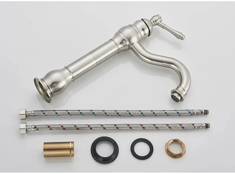 POIQIHY basin faucet in brushed nickel with single-hole deck mount, includes braided supply hoses and fittings.