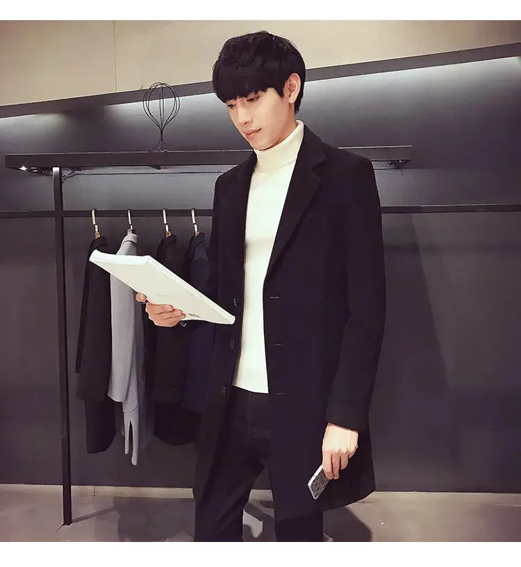 Simples Market men's long black cotton-wool blend coat for casual business style