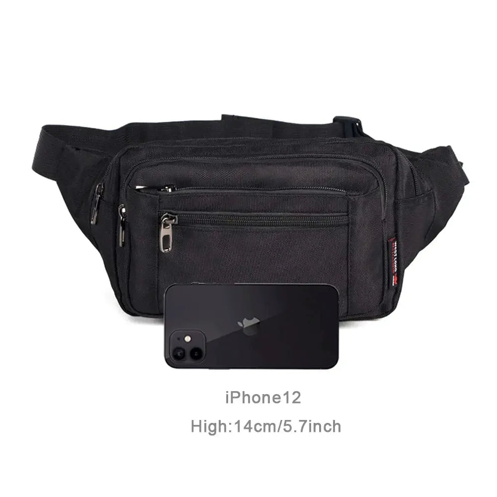 Waist pack by Simples Market, black unisex fanny pack with multiple zip pockets and adjustable strap