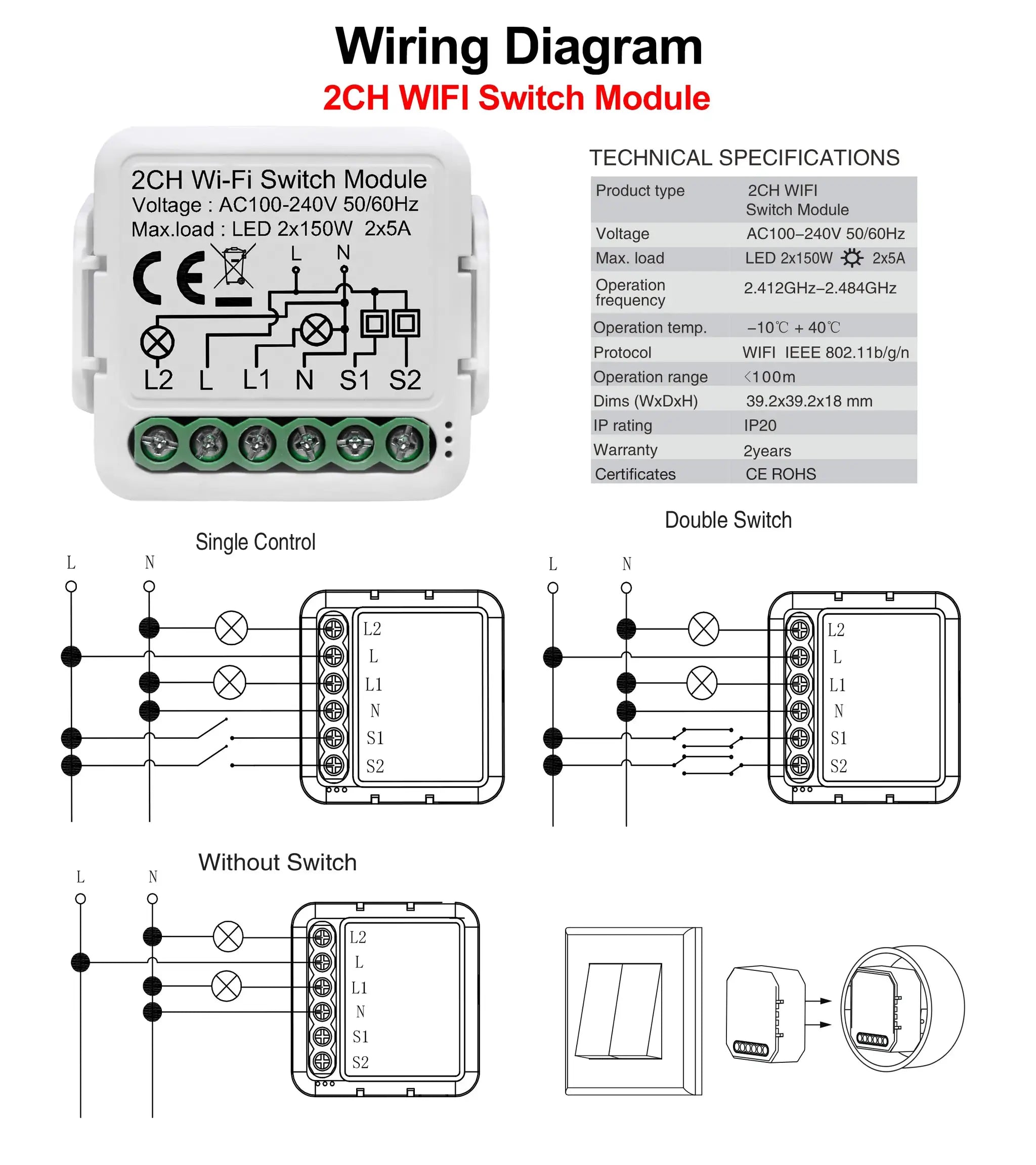 2CH WiFi Switch Module in white plastic with green terminal block; AC100-240V, single/double switch diagrams