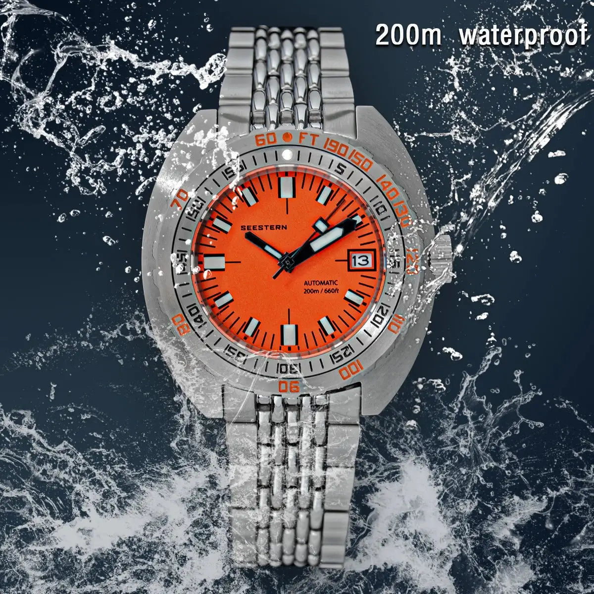 Seestern diver watch with orange dial, stainless steel bracelet, automatic movement, 200m water resistant.