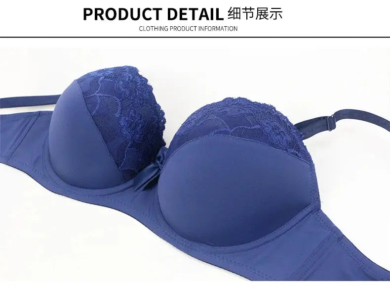 BCDE Cup Bras in blue with lace push-up cups, underwire, satin lower cups and adjustable straps