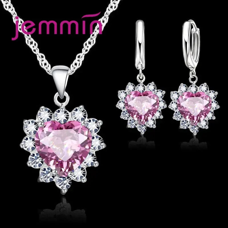 Yaameli 925 Silver Heart Pendant Necklace And Hoop Earrings Jewelry Set For Women Engagement Anniversary Gift