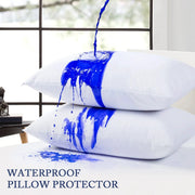 Simples Market waterproof pillow protector; two white pillow covers with blue paint streaks