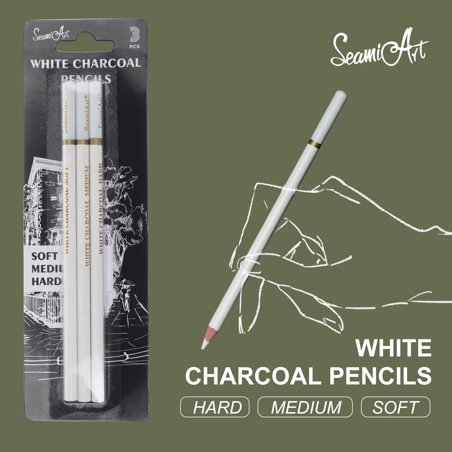 SeamiArt white charcoal pencils set, 3 pcs in hard/medium/soft with white bodies