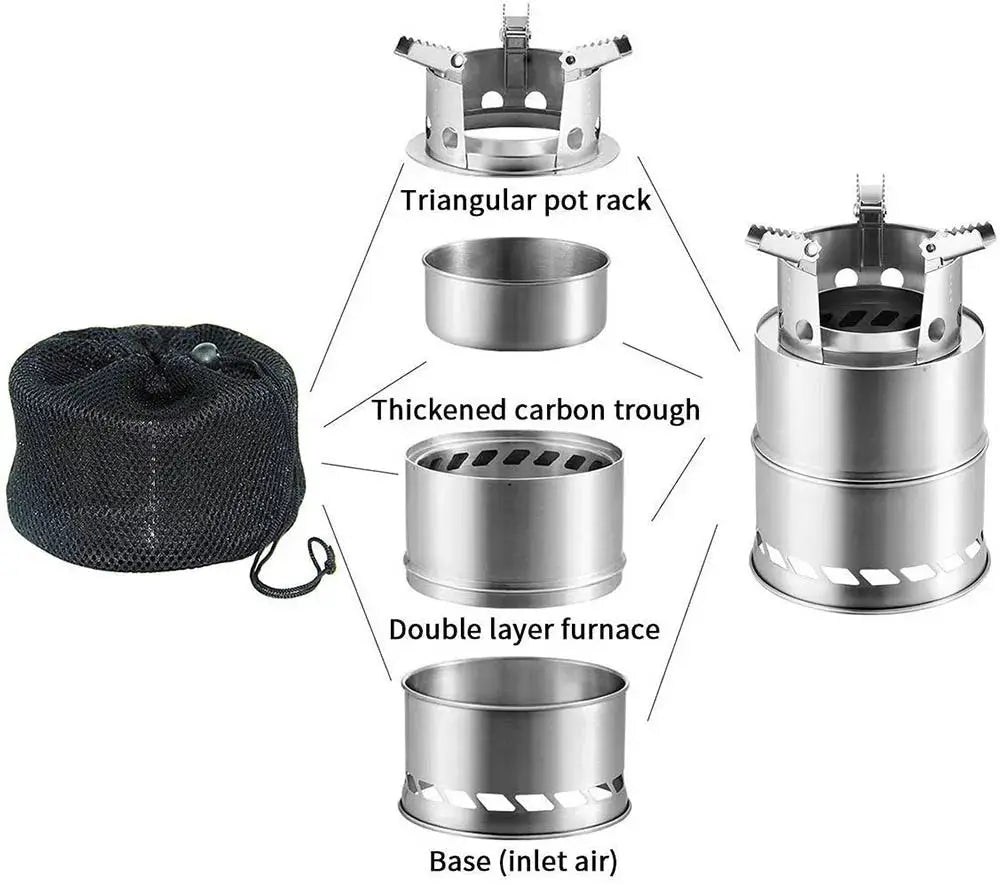 Portable stainless steel wood-burning camping stove by Simples Market with carry bag