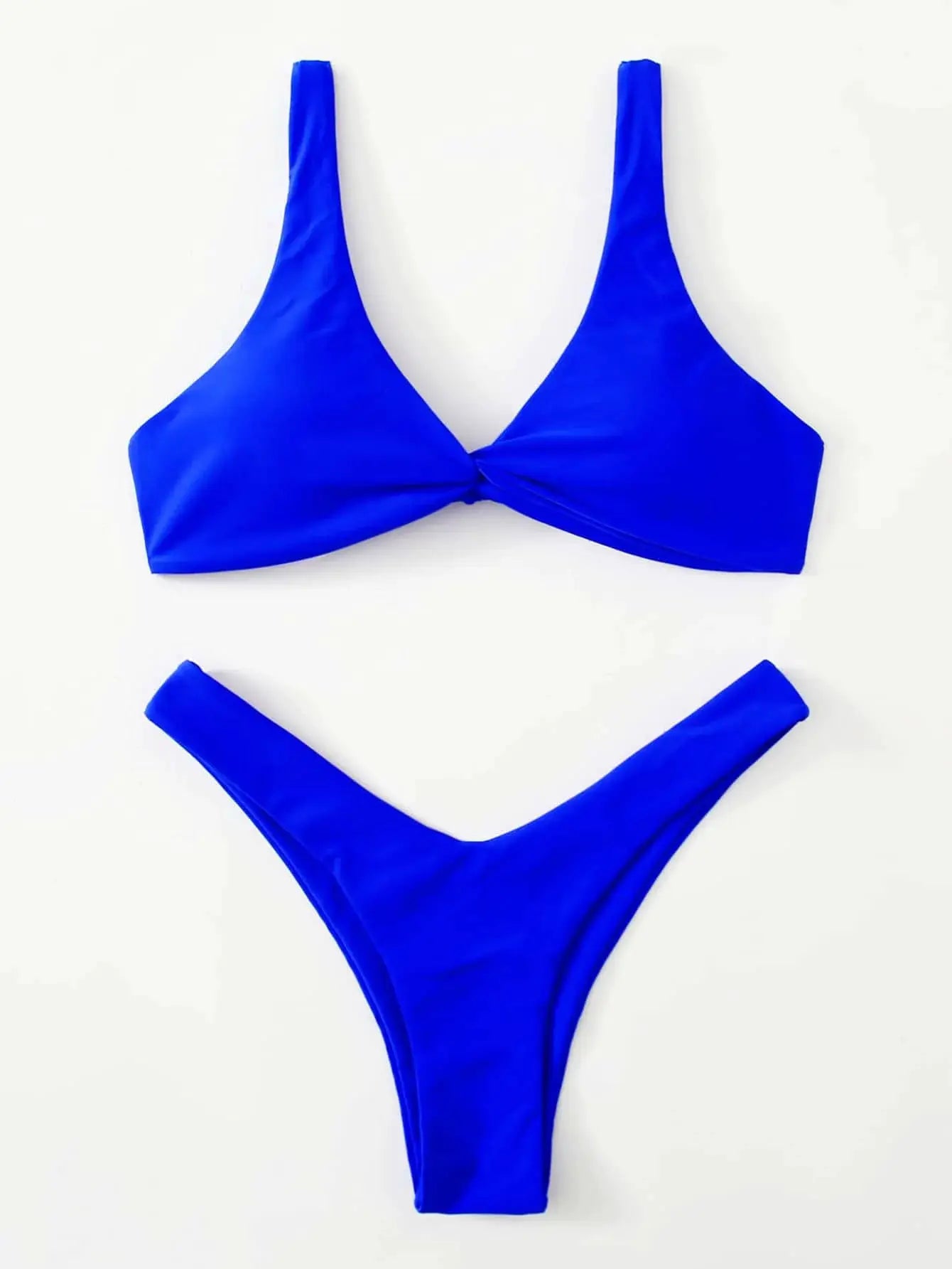 Two-piece blue bikini set with tie-front padded top and high-leg bottoms.