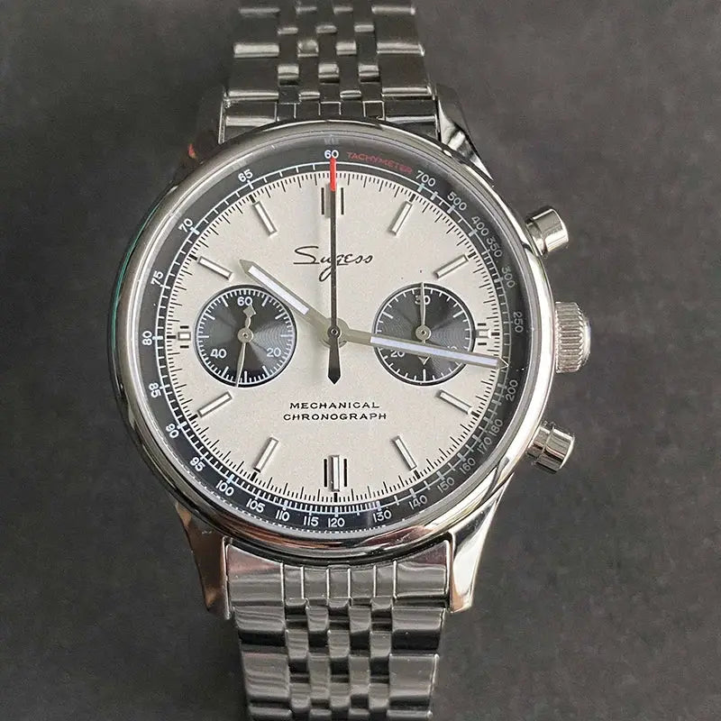 Simples Market panda mechanical chronograph watch with stainless steel bracelet and silver dial