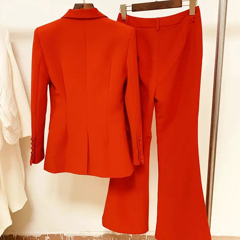 Women's red blazer suit set with single-button blazer and flare pants by Simples Market