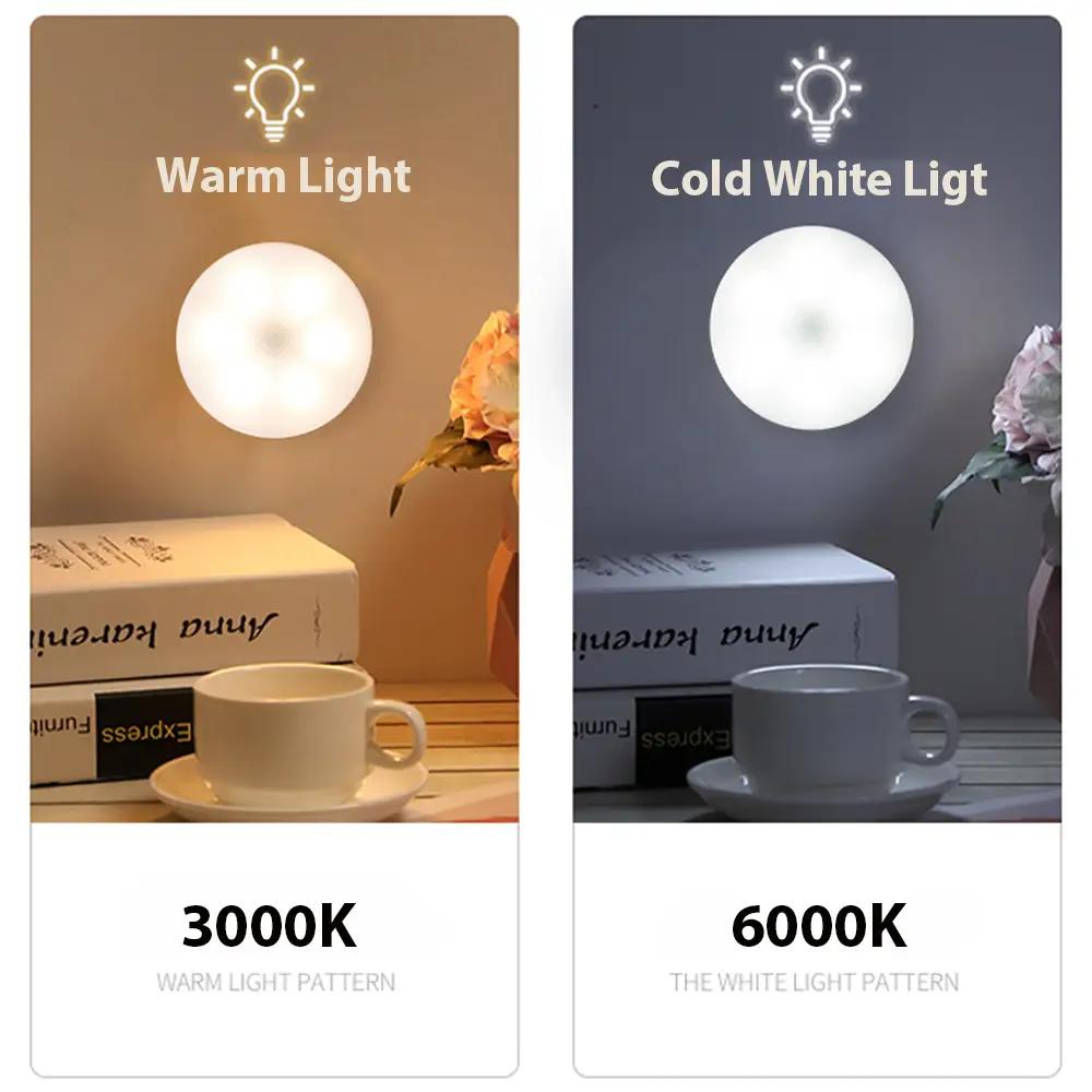 Night light USB motion-sensor LED lamp, round and energy-saving; warm 3000K and cold 6000K lighting options.