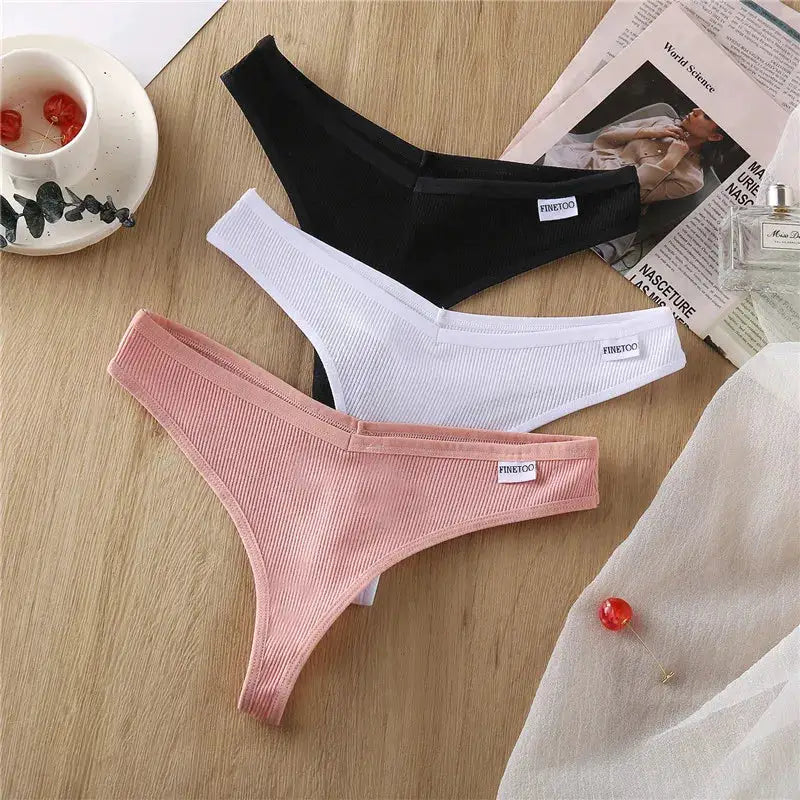 Finetoo 3-pack ribbed cotton thong underwear for women; black, white and pink low-waist G-strings